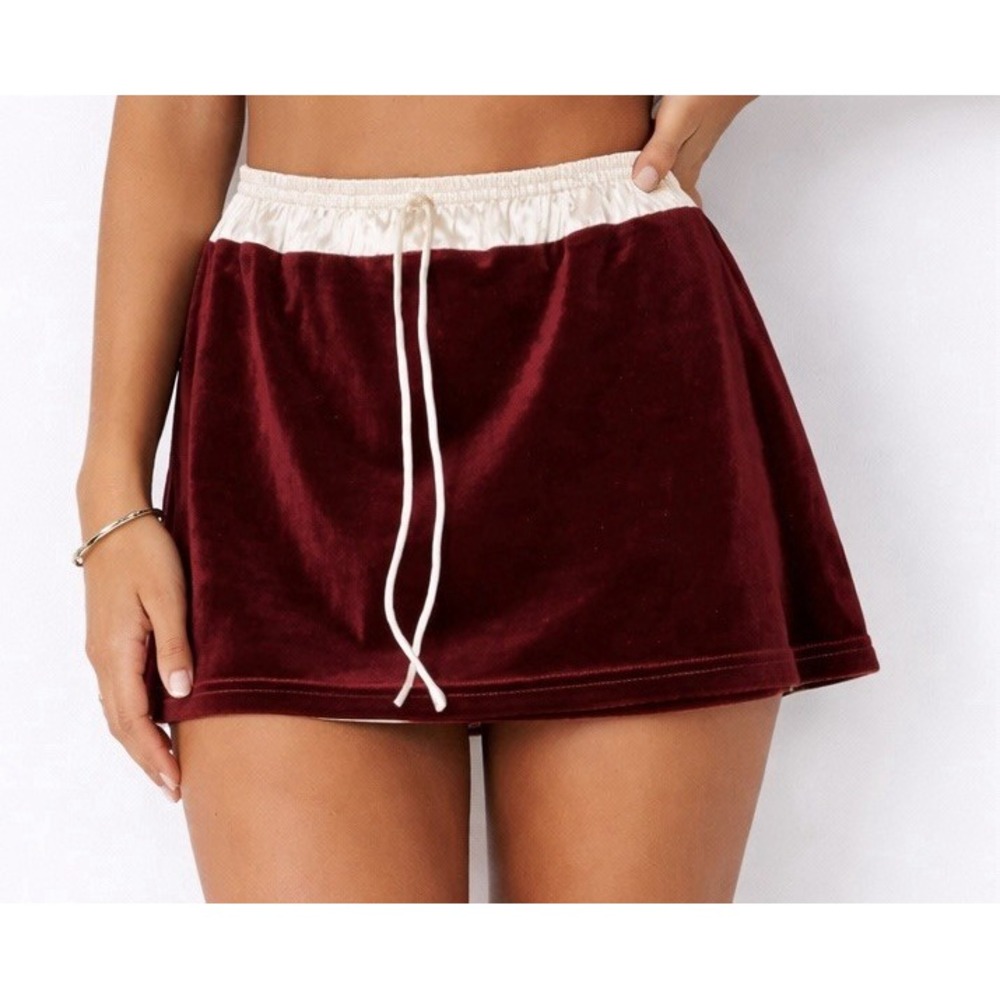 Princess Polly Red Velour Mini Skirt Y2K Lounge Coquette Drawstring Size 6